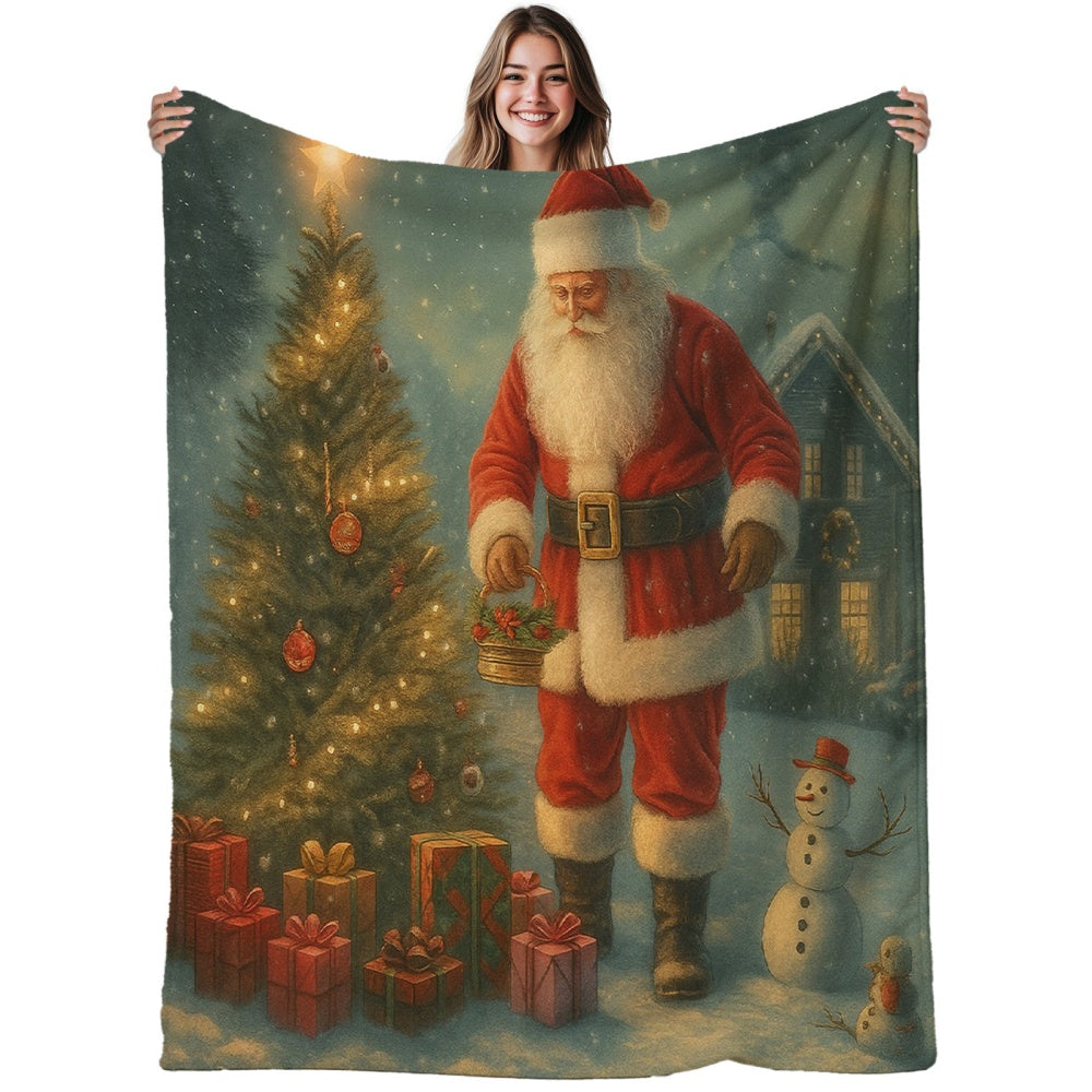 1pc, 2D Flat Santa Claus And Christmas Tree Theme Flannel Blanket, Soft Comfortable Warm, Red And Green Festive Design, Durable Plush Surface, All Seasons, Warm Throw Blanket, Suitable for Reading Time, Dorm Life, Weekend Sofa Nap