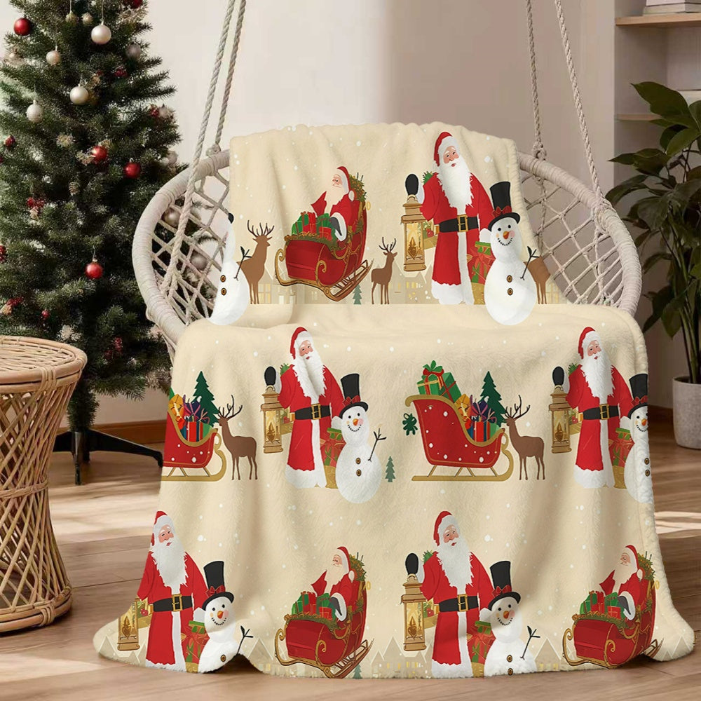 1pc Santa Claus And Snowman Pattern Flannel Blanket, Soft Comfortable Warm, Beige Festive Design, All-Season Sofa Blanket, Warm Cover, Multiple Sizes Available, Suitable for Living Room Sofa, Bedroom, Reading Corner, Holiday Decor