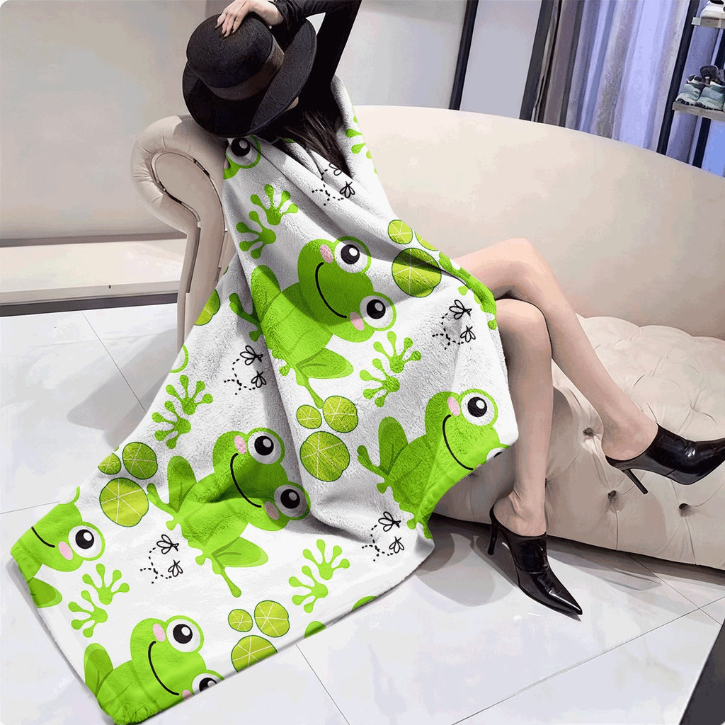 1pc Cute Green Frog with Lotus Leaf Pattern Soft Flannel Blanket Cozy All-Season Sofa Throw for Room Decor Warm Comfortable Blanket for Sleeping and Snuggling