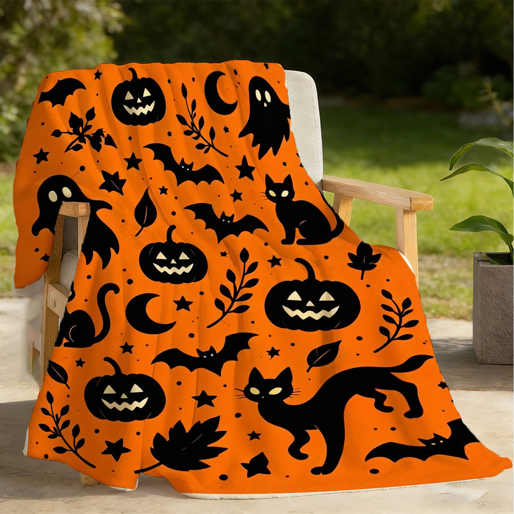 Halloween Fleece Blanket, Soft And Comfortable Throw, Pumpkin Cat Bat Pattern, Suitable for Office, Sofa, Living Room, Warm Decorative Item, Home Holiday Decor Gift