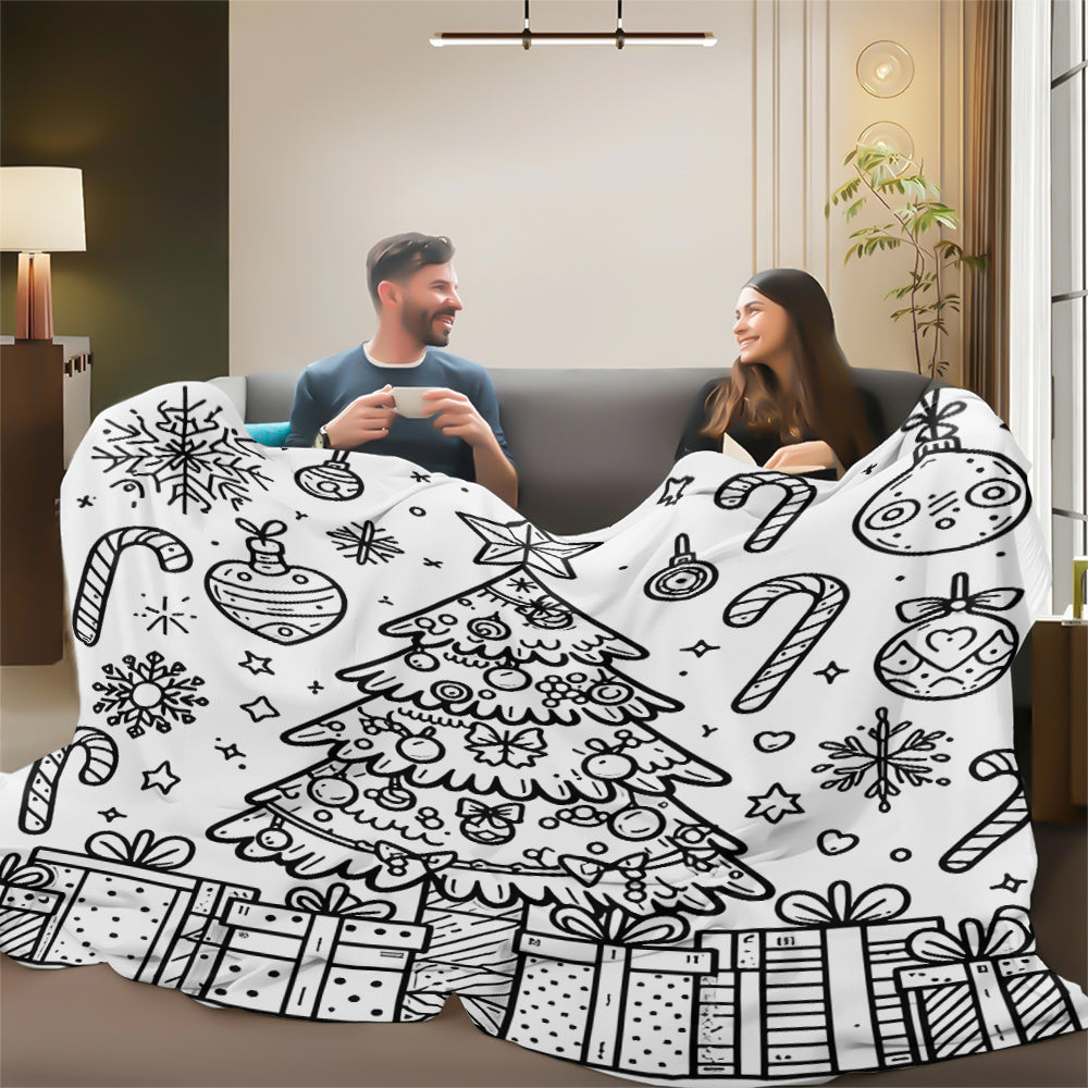 1pc Large Flannel Blanket with Black and White Christmas Tree and Gift Pattern, Simple Holiday Design, Suitable for Weekend Naps on the Sofa, Reading Time, and Seasonal Home Use