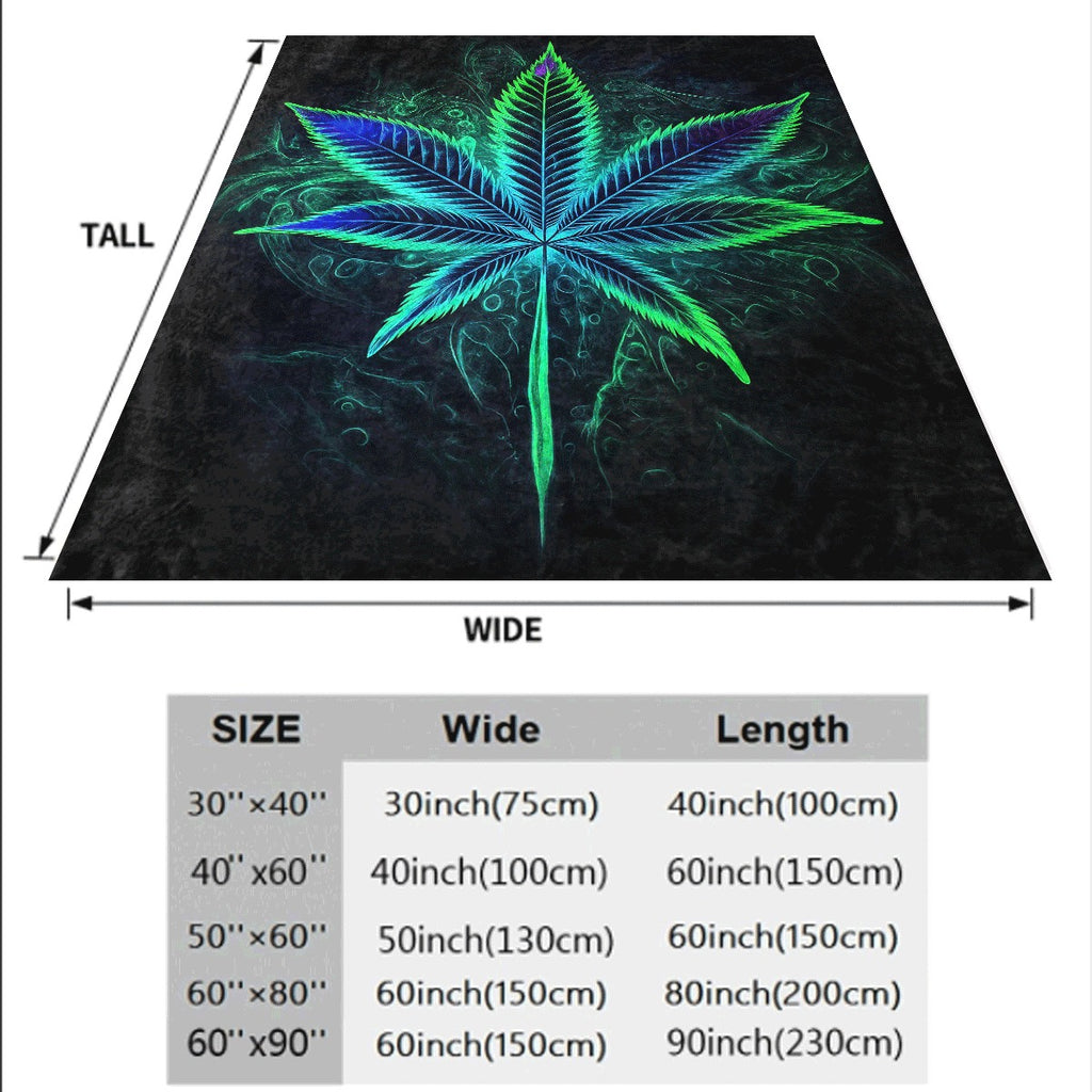 1pc Luminous Leaf Flannel Blanket Dark Background with Glowing Blue & Green Leaf Design Cozy Soft Throw for Couch All-Season Warm Fabric Blanket