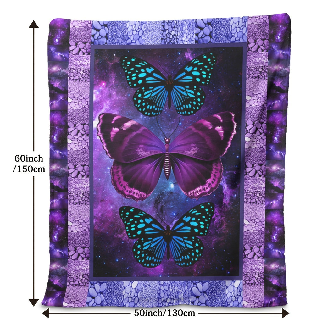 Purple Butterfly Flannel Blanket- Modern Style Reversible Digital Print Animal Theme, Suitable for All Seasons, Multifunctional Microfiber Bedding, Machine Washable- Moon Palace