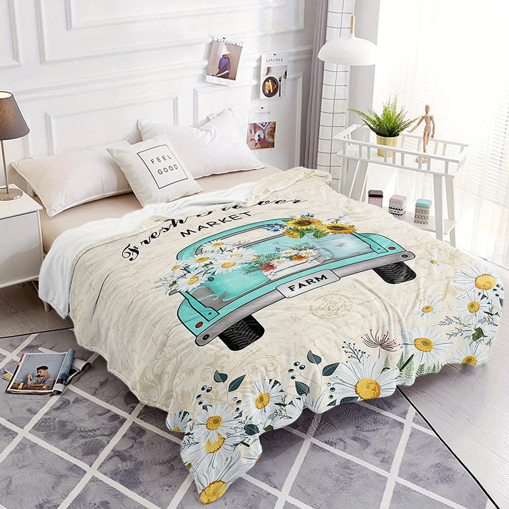Vintage Blue Green Truck & Daisy Floral Plush Throw Blanket - Soft Warm All-Season Machine Washable Multi-Use for Bed, Sofa, Car, Office, Cozy Home Decor, Throw Blanket for Bed, Sofa Accessory, Rustic Charm, Soft Texture