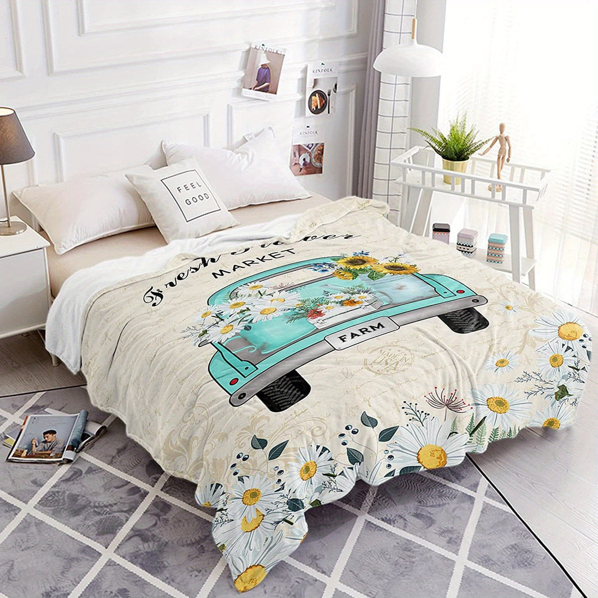 Vintage Blue Green Truck & Daisy Floral Plush Throw Blanket - Soft Warm All-Season Machine Washable Multi-Use for Bed, Sofa, Car, Office, Cozy Home Decor, Throw Blanket for Bed, Sofa Accessory, Rustic Charm, Soft Texture