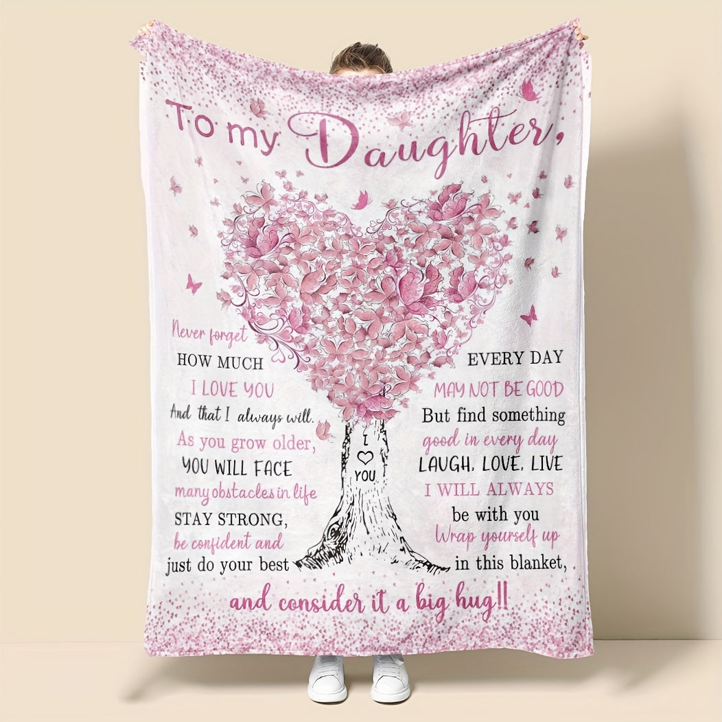 Pink Heart Tree Flannel Blanket- to My Daughter Quilt with Love& Support Message, Perfect Gift for Daughters, Machine Washable Polyester, All-Season Use, Everyday Comfort|Warmthful Gift|Durable Quilt