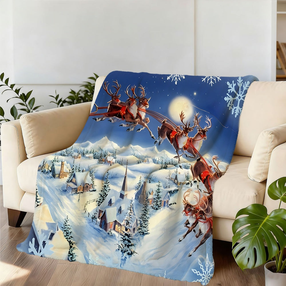 1pc Santa Sleigh And Reindeer Night Sky Flying Snow Scene Flannel Blanket, Soft Comfortable Warm, Blue Winter Design, All-Season Sofa Blanket, Warm Cover Blanket, Multiple Sizes Available, Suitable for Living Room Sofa, Bedroom, Reading Corner