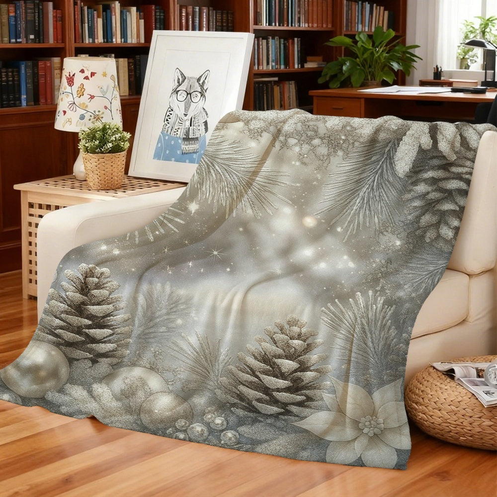 1pc Christmas Pinecone And Snowflake Silver-Gray Design Flannel Blanket, Winter Holiday Decor, Soft Plush All-Season Use, Suitable for Living Room Sofa Cover, Reading Time And Weekend Nap