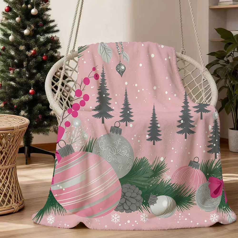 1pc Christmas Pine Tree And Ball Pattern Pink Flannel Blanket, Soft Comfortable Warm, Winter Design, All-Season Sofa Blanket, Warm Cover, Multiple Sizes Available, Suitable for Living Room Sofa, Bedroom, Reading Corner, Leisure Time