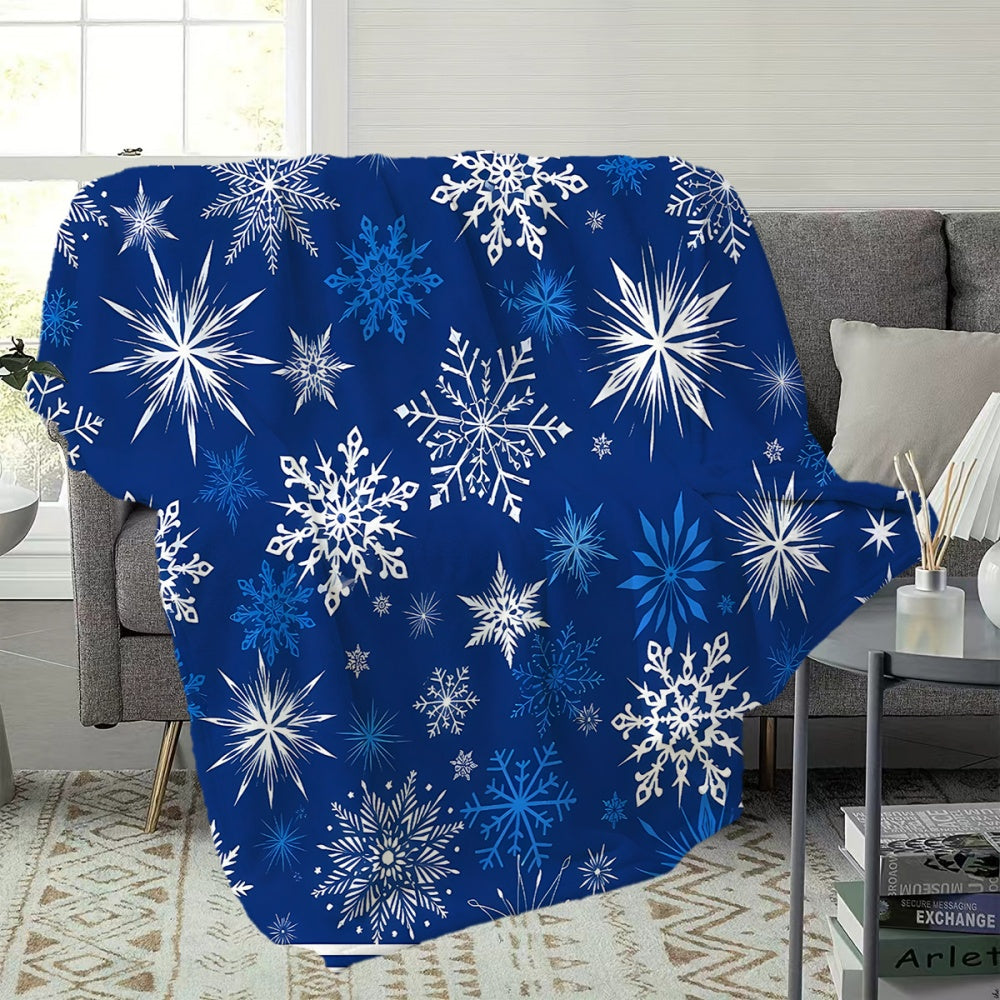 1pc Blue Snowflake-themed Flannel Blanket, Soft, Comfortable, and Warm, with a Dark Blue and White Design. A Four-season Universal Blanket and Warm Throw Blanket, Available in Multiple Sizes. Suitable for Living Room Sofas, Bedroom