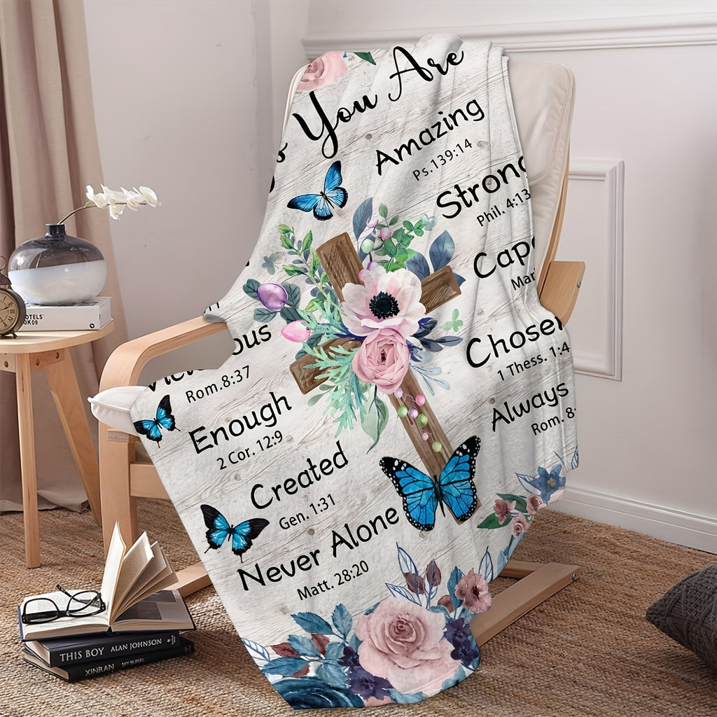 Inspirational Vintage Floral Flannel Throw Blanket with Uplifting Scripture Messages - Soft, All-Season Comfort for Sofa & TV, Perfect Religious Gift for Holidays, Birthdays, Anniversaries - Polyester, 280Gsm, Allseason Throw | Scripture Message Decor | S