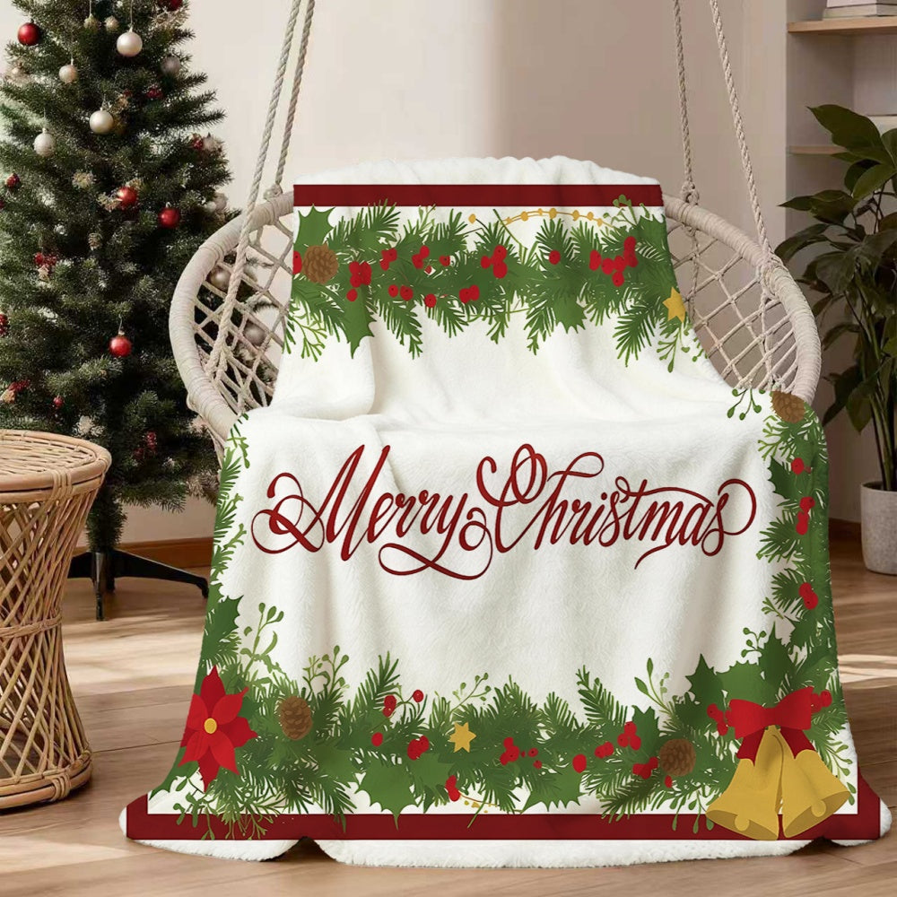 1pc Christmas Holiday-themed Flannel Blanket with a Christmas Wreath and Red Floral Pattern, Soft, Comfortable, and Warm. Features a White Base Design, Suitable for All Seasons as a Throw or Warm Cover. Available in Multiple Sizes