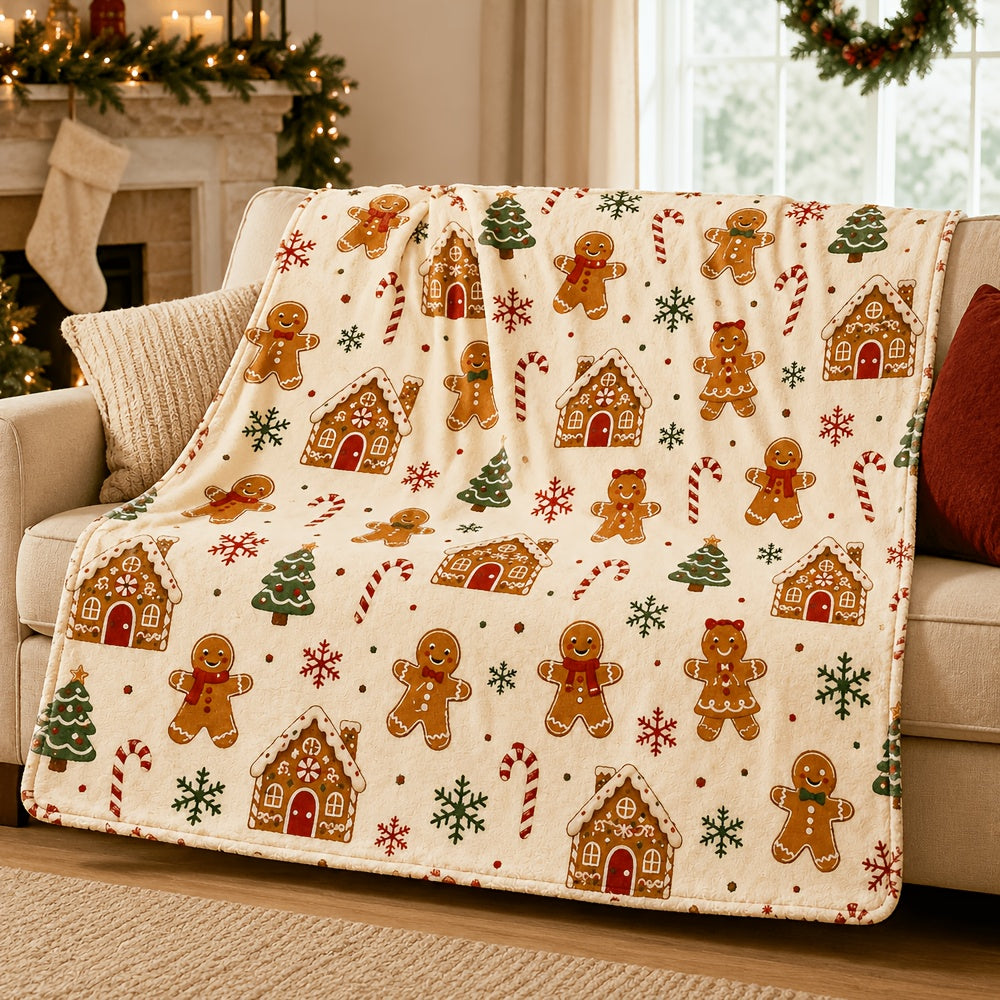 Blanket, Gingerbread Candy Christmas Blanket, Cream White Holiday Cartoon Style Soft Blanket, Living Room Sofa Bedroom Autumn And Winter Warm Home Decoration Blanket