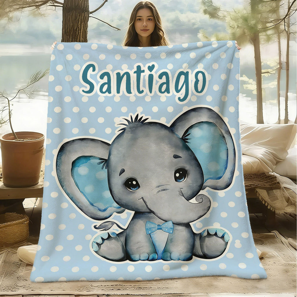 Personalized Custom Name Blanket, Cute Elephant Fleece Blanket, Gift for Outdoor Enthusiasts, All-Season Plush Blanket, Suitable for Home And Travel, Comfortable Personalized Blanket, Ideal Holiday Gift for Family And Friends