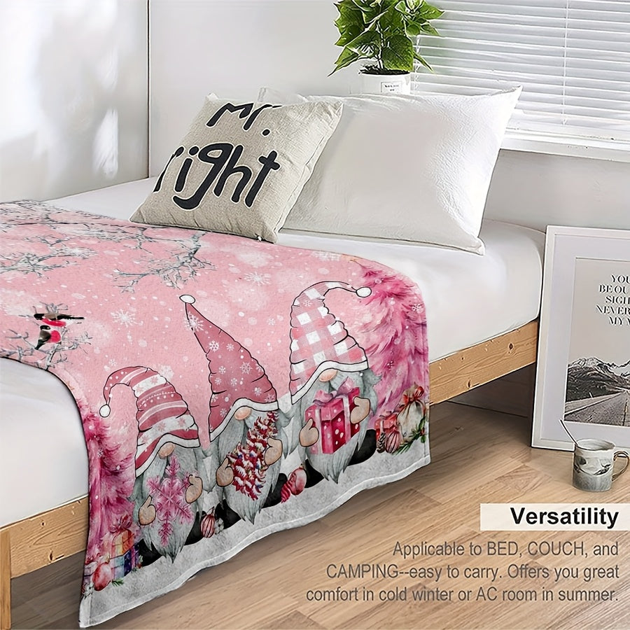 Pink Christmas Flannel Blanket with Snowflake, Branch, Bird, and Gnome, Pink Christmas Tree, Winter Snowflake Gradient, Warm and Cozy, for Travel, Camping, Sofa, Chair, Home Bed, Christmas Decoration