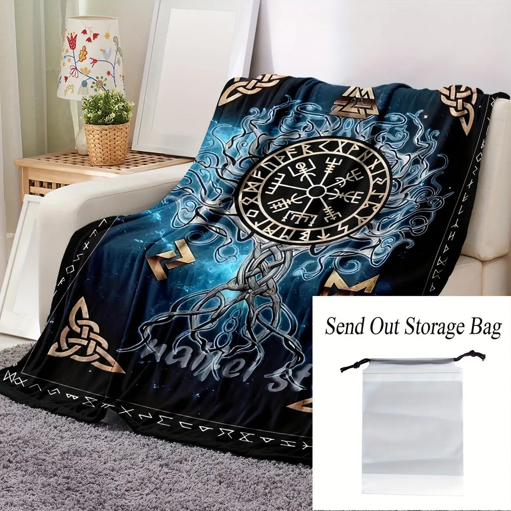 Cozy Viking Norse Flannel Throw Blanket - Celtic Knot & Rune Symbols with Odin's Rune Staff & Valknut - All-Season Soft for Couch,, Travel - Viking-Inspired Gift for & ( Mythology Design)