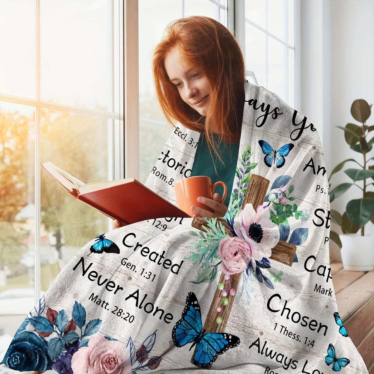 Inspirational Vintage Floral Flannel Throw Blanket with Uplifting Scripture Messages - Soft, All-Season Comfort for Sofa & TV, Perfect Religious Gift for Holidays, Birthdays, Anniversaries - Polyester, 280Gsm, Allseason Throw | Scripture Message Decor | S