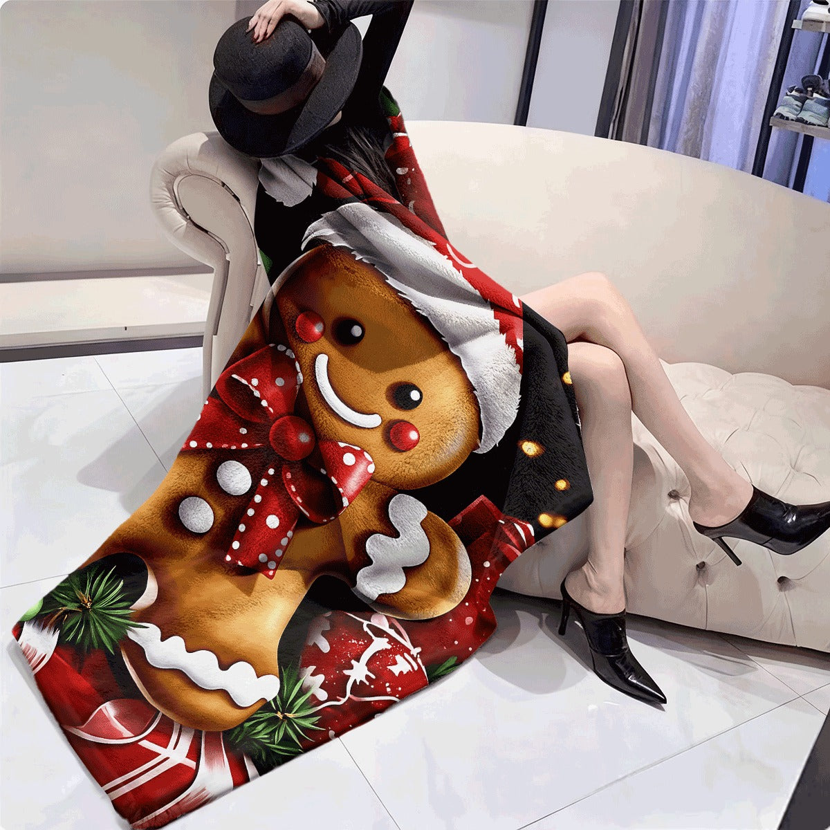 1pc Festive Gingerbread Man Santa Hat Christmas Flannel Blanket Soft Warm for Couch Bed Holiday Decor with Gifts & Greenery Xmas Throw