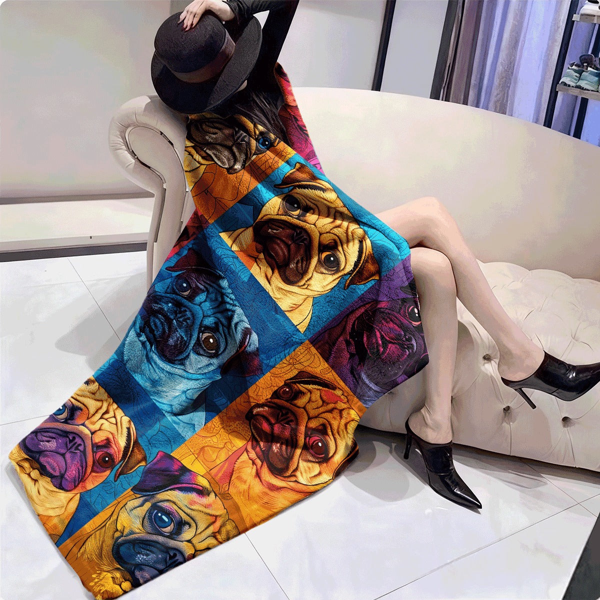 1pc Colorful Pug Dog Patchwork Flannel Blanket Soft, Cozy Throw for All Seasons, Ideal Gift for Dog Lovers, Vibrant Home Decor Accent, Dog Blanket