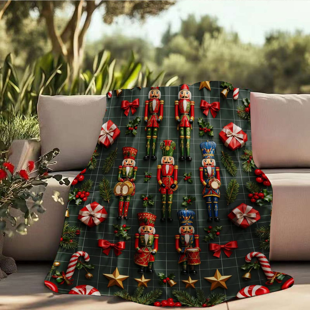 Christmas Nutcracker and Holiday Gift Themed Green Flannel Blanket, Soft, Comfortable, and Warm, Red and Golden Decorative Style Design, Durable Plush Surface, All-Season Universal Bed Blanket, Warm Throw Blanket, Multiple Sizes Available