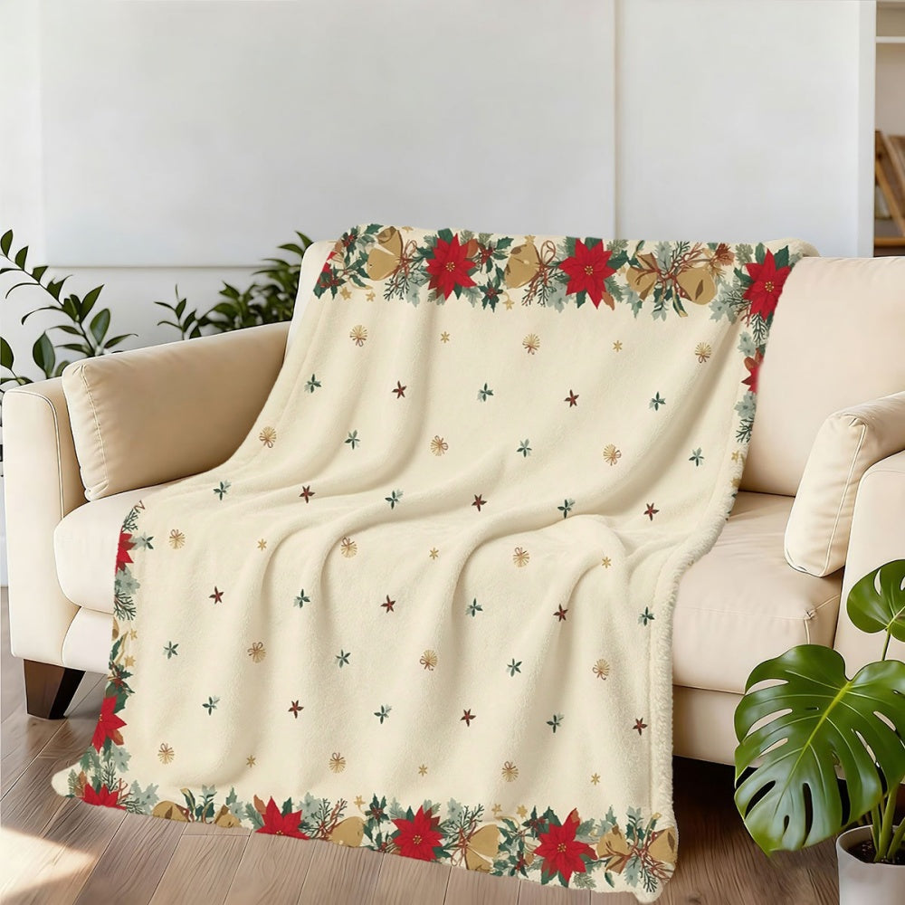 1pc Christmas Floral And Bell Pattern Flannel Blanket, Soft Comfortable Warm, Beige White Design, All-Season Blanket, Warm Cover, Multiple Sizes Available, Suitable for Living Room Sofa, Bedroom, Casual Reading, Holiday Decor