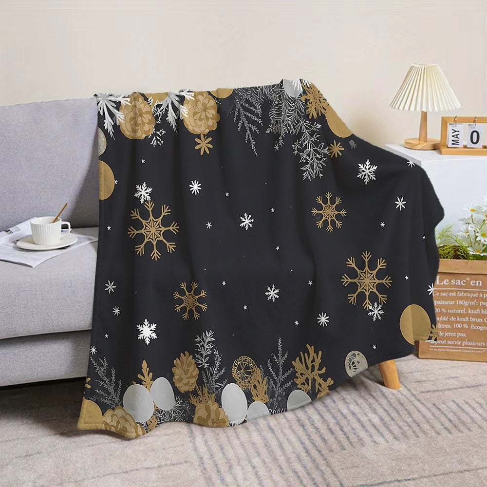 1pc Golden and White Snowflake Pinecone Christmas-themed Flannel Blanket, Soft, Comfortable, and Warm, with a Black Design. A Four-season Universal Sofa Throw and Warm Lap Blanket, Available in Multiple Sizes. Suitable for Living Room Sofas