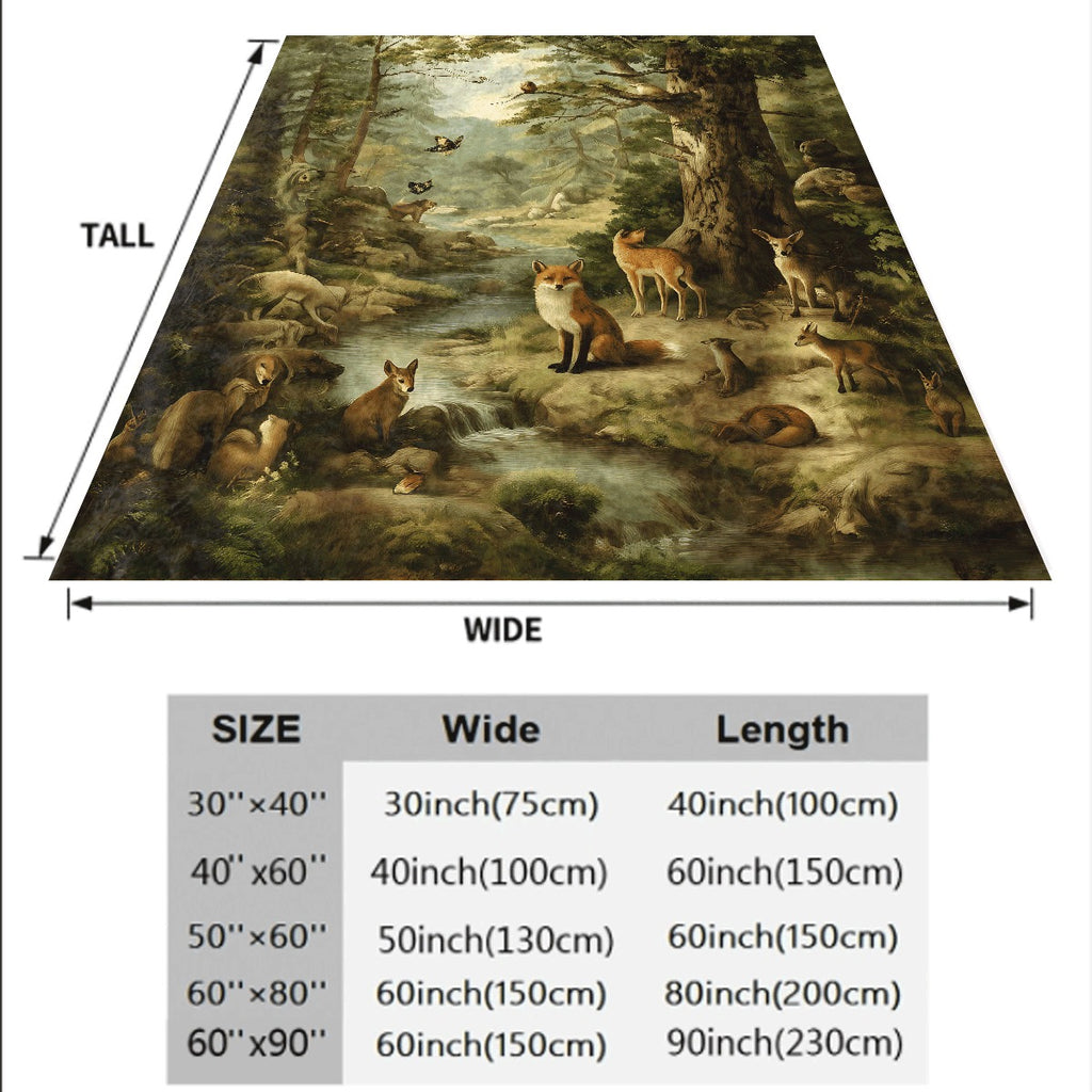 1pc Enchanted Forest Flannel Blanket with Fox Deer Butterfly & Wildlife Cozy Soft Nature Scene Print for Sofa All-Season Warm Plush Flannel Throw