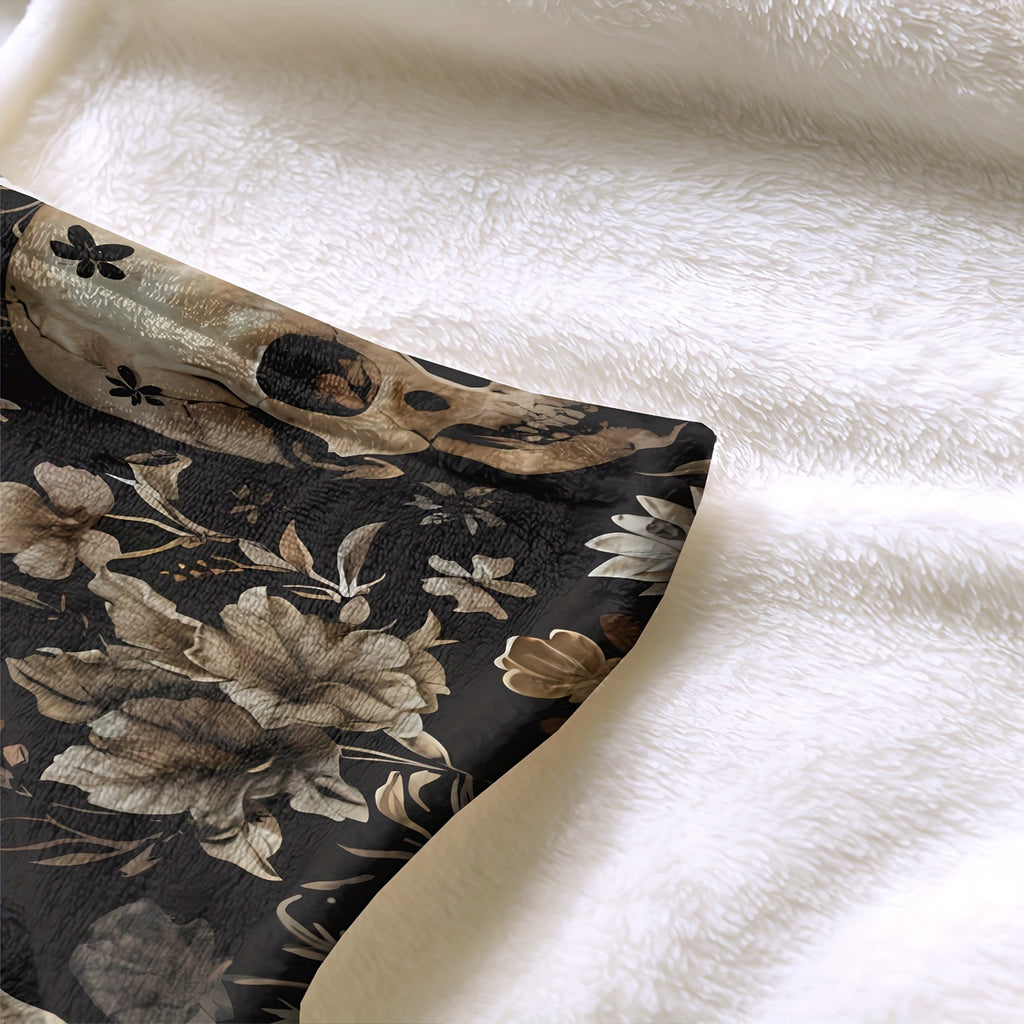 Skull& Floral Flannel Throw Blanket- Soft, Warm, and Cozy for Couch,, Travel, and Office- Versatile All-Season Gift