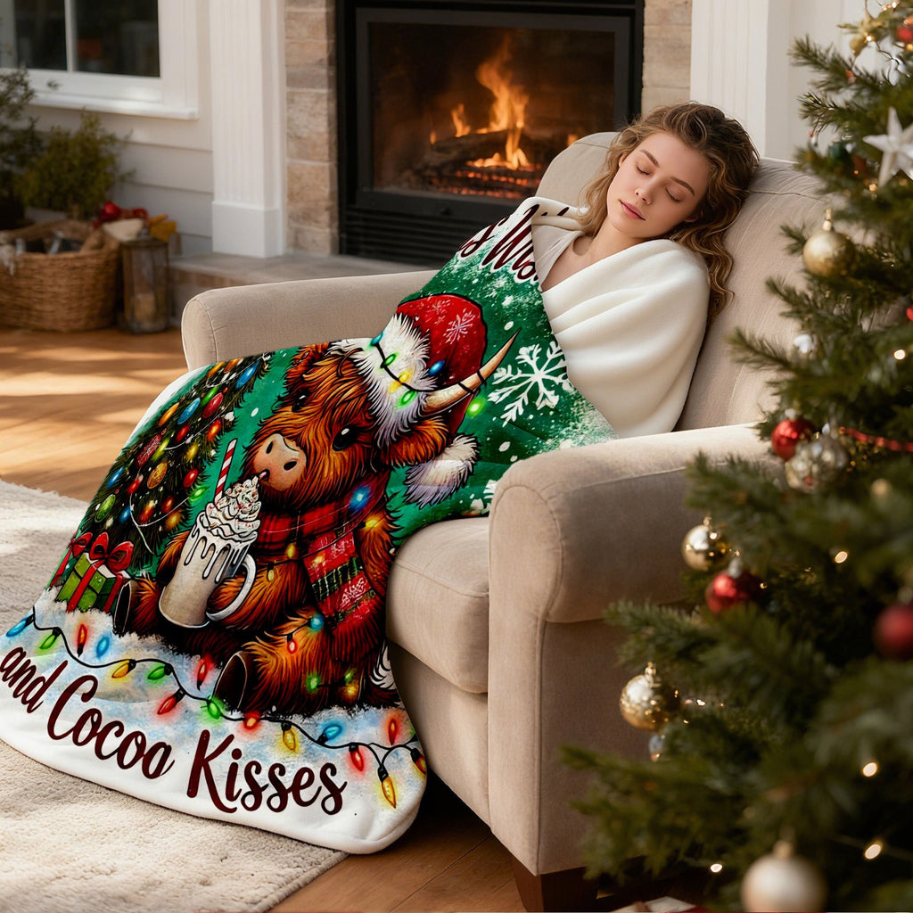 Highland Cattle Design Christmas Tree Hot Cocoa Comfort Flannel Blanket for Sofas. This Soft Flannel Blanket Is Perfect for Sofas, Cars, And Offices, Making It The Ideal Choice for a Christmas Siesta
