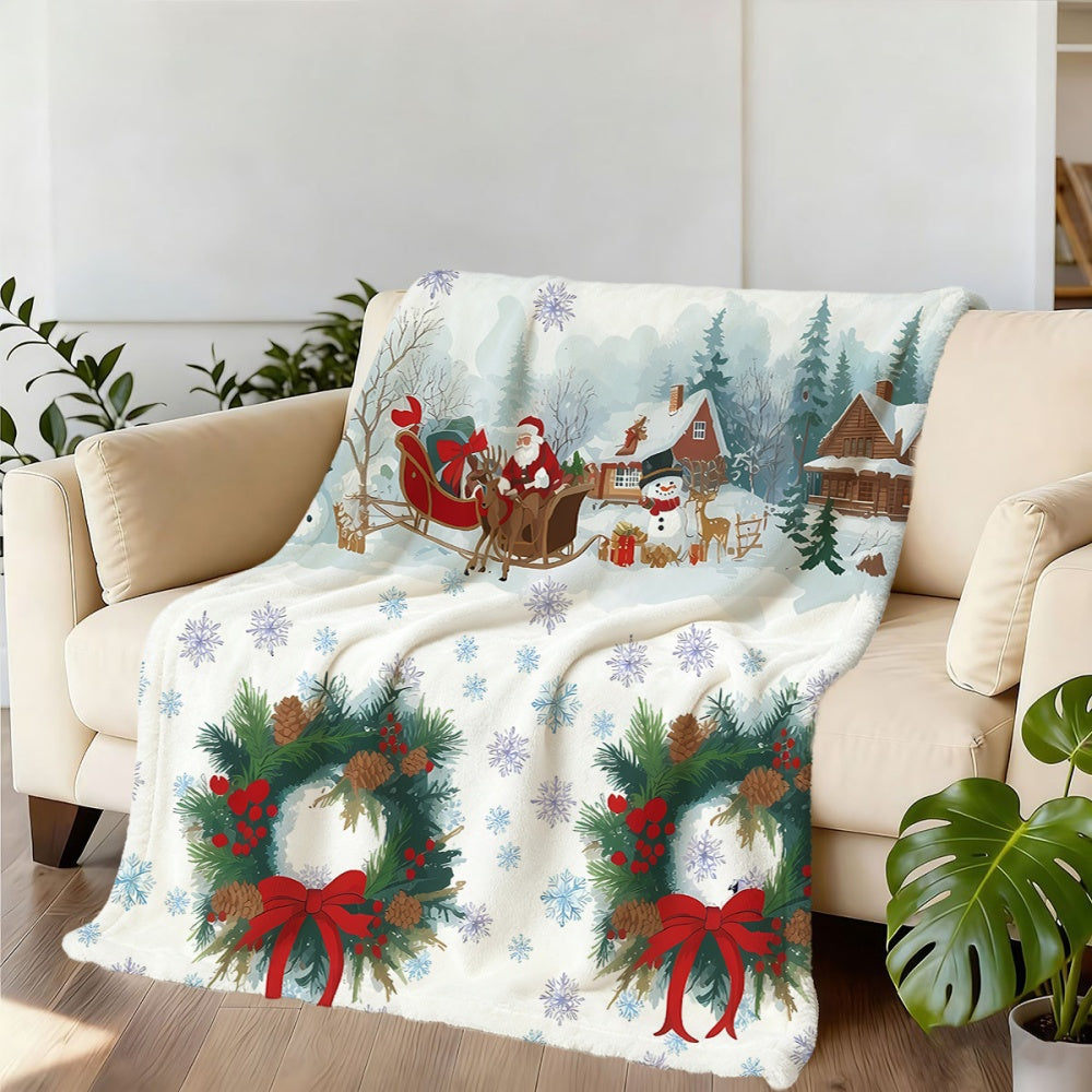 1pc Christmas Snowy Scenery And Wreath Pattern Flannel Blanket, Soft Comfortable Warm, White Background Design, All-Season Sofa Blanket, Warm Cover, Multiple Sizes Available, Suitable for Living Room Sofas, Bedroom, Office Rest, Holiday Decor