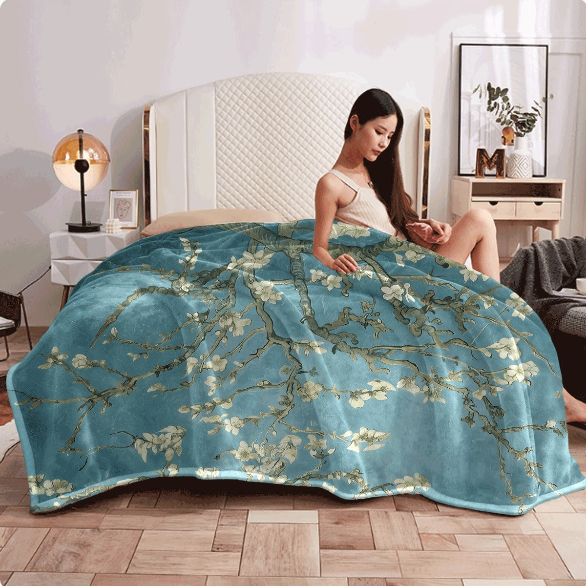 1pc Almond Blossom Floral Fleece Blanket Soft Warm All-Season Multi-Use for Home, Office, Camping Machine Washable Contemporary Quilted Throw Gift
