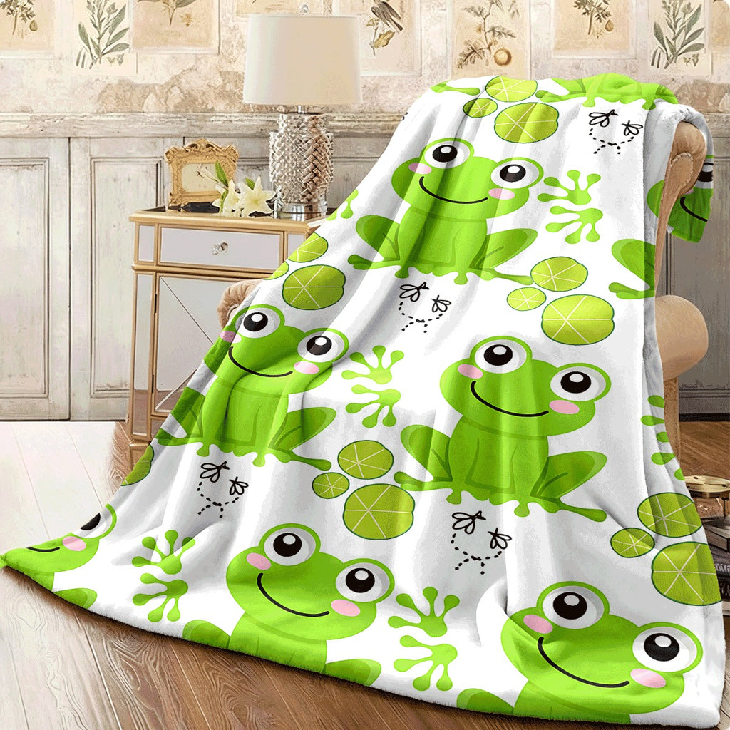 1pc Cute Green Frog with Lotus Leaf Pattern Soft Flannel Blanket Cozy All-Season Sofa Throw for Room Decor Warm Comfortable Blanket for Sleeping and Snuggling