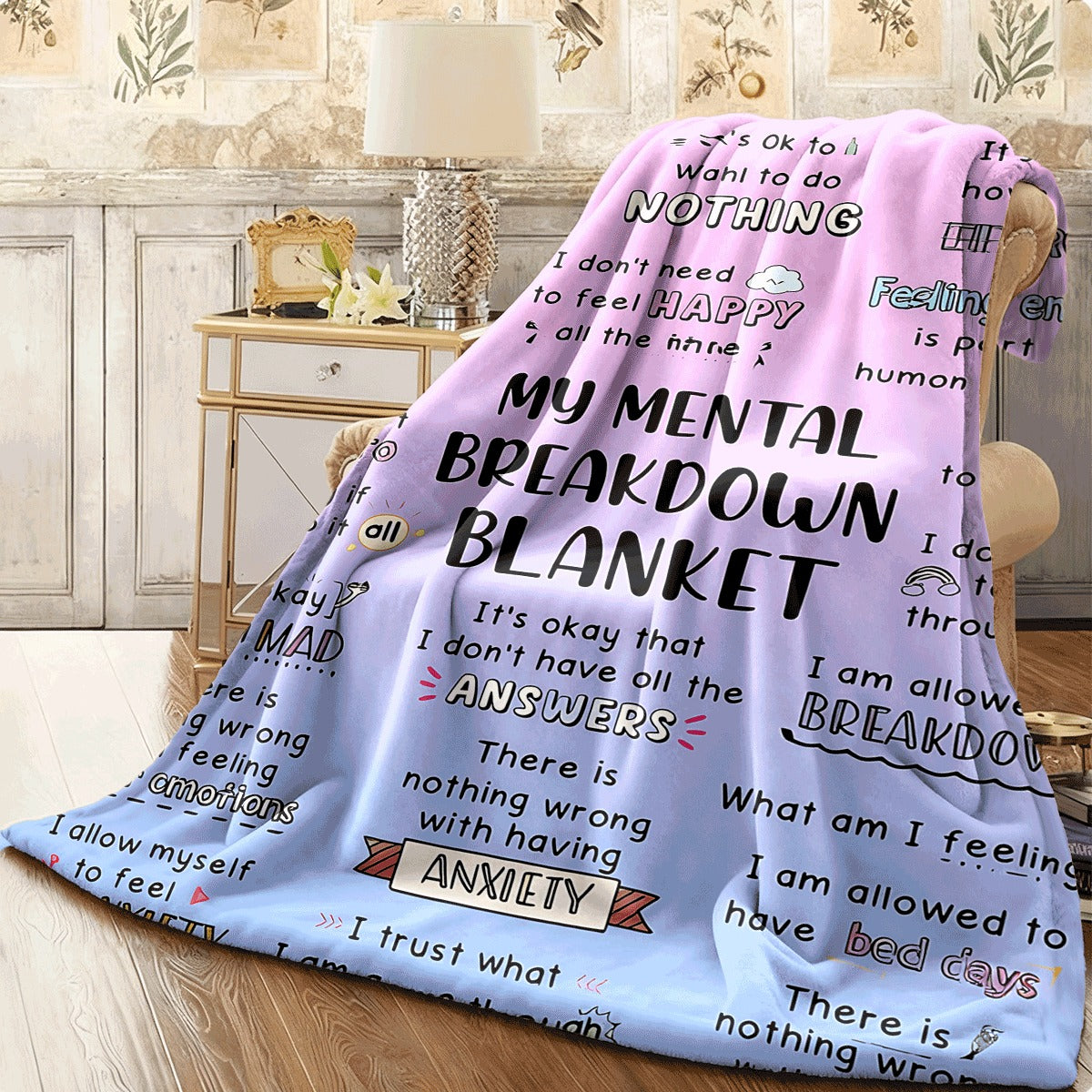 1pc Cozy Pink & Purple Gradient Mental Health Flannel Blanket with Encouraging Quotes, All-Season Soft Throw for Emotional Comfort