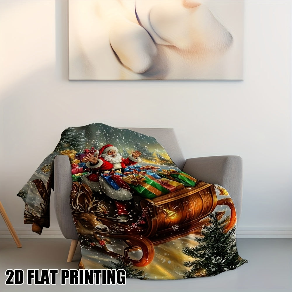 1pc Ultra-Soft 2D Flat Christmas Sleigh Trip Printed Flannel Blanket - Comfortable Double Size Sofa Blanket for, Sofa, Chairs, Office and Camping - Ideal Holiday Gift for All Seasons, 2D Flat
