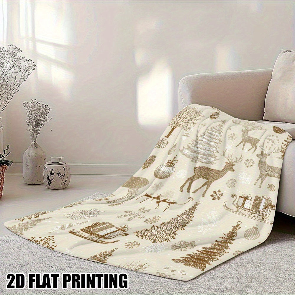 Ultra-Soft Beige Golden Christmas Blanket - Vintage Winter Reindeer Snowflake Pattern - All-Season Indoor And Outdoor Sofa Cover, Camping Home Decor - Luxurious Flannel Cover Or Decorative Blanket, Cozy Festive Atmosphere