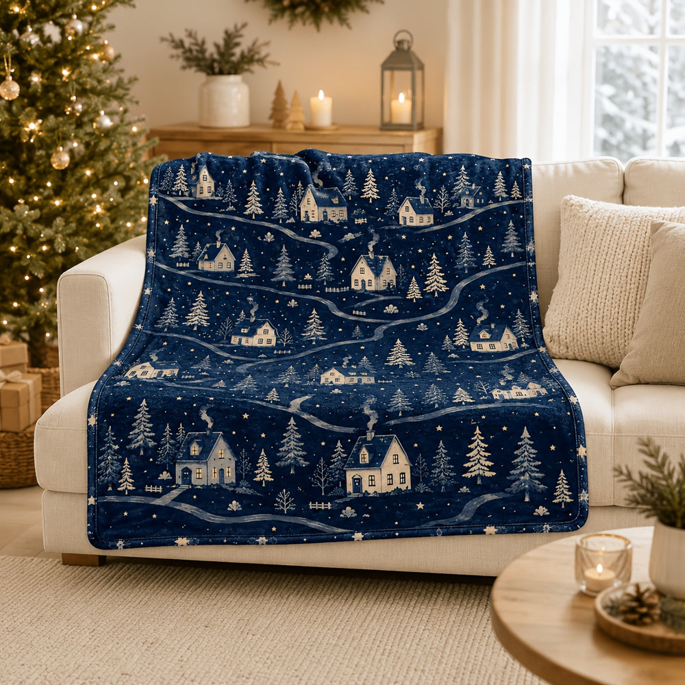 Blanket, Dark Blue Snow Night Town Blanket, Winter Snow House Pine Forest Christmas Wind Soft Blanket, Living Room Sofa Bedroom Autumn and Winter Warm Home Decoration Blanket