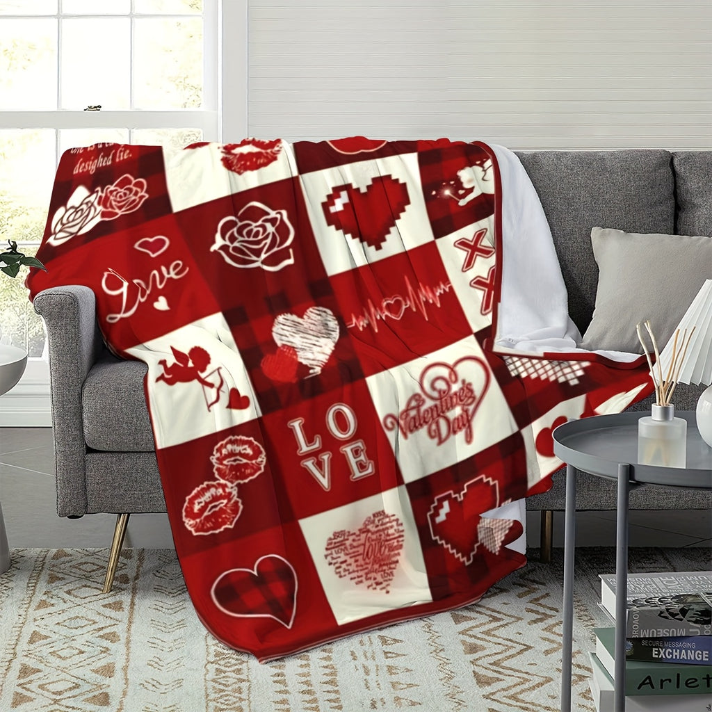 1pc Romantic I Love You Flannel Blanket- Soft, Comfortable, Warm with Heart-Shaped Patterns& Symbols- Valentine's Day, Anniversary, Birthday Gift for Him/Her/Couple- Red