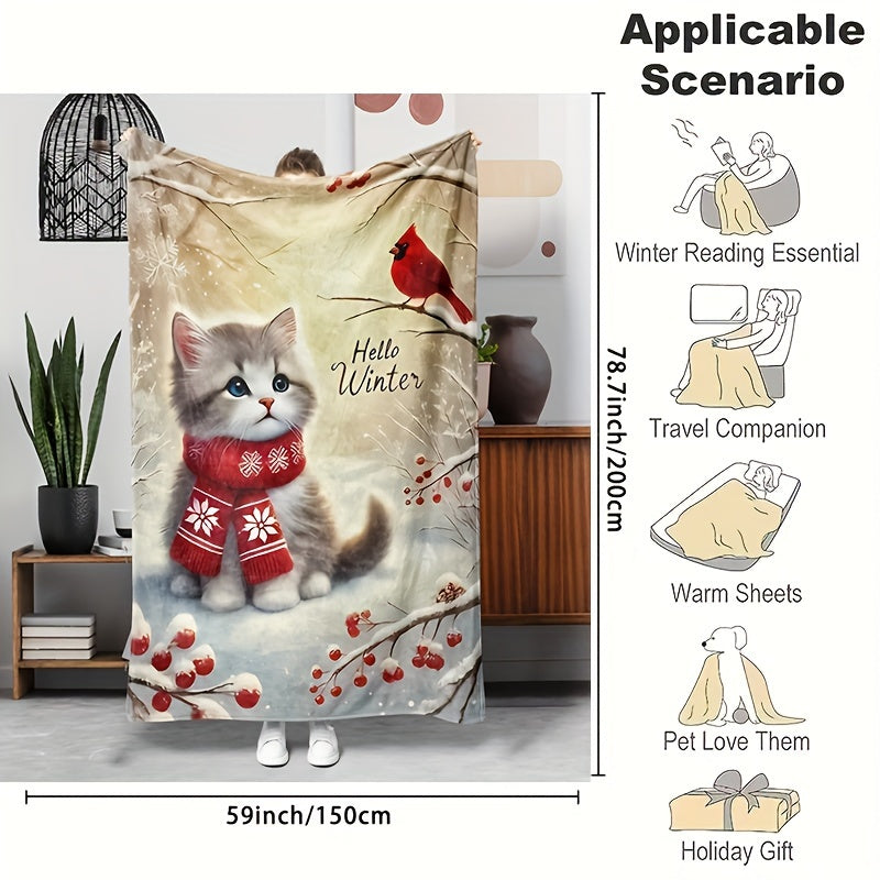 Hello Winter Cozy Flannel Throw Blanket Featuring a Cat And Cardinal Design, Soft And Warm for Use on a Couch,, Or in The Office - Suitable for All Seasons, Hypoallergenic, And Machine Washable