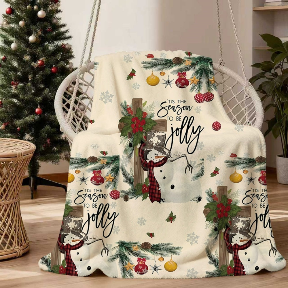 1pc, 1pc Christmas Snowman and Pine Branch Decorated Flannel Blanket, Soft, Comfortable, and Warm, Beige Holiday Design, Durable Plush Surface, All-Season Universal Sofa Blanket, Warm Throw Blanket, Multiple Sizes Available, Suitable for Living Room