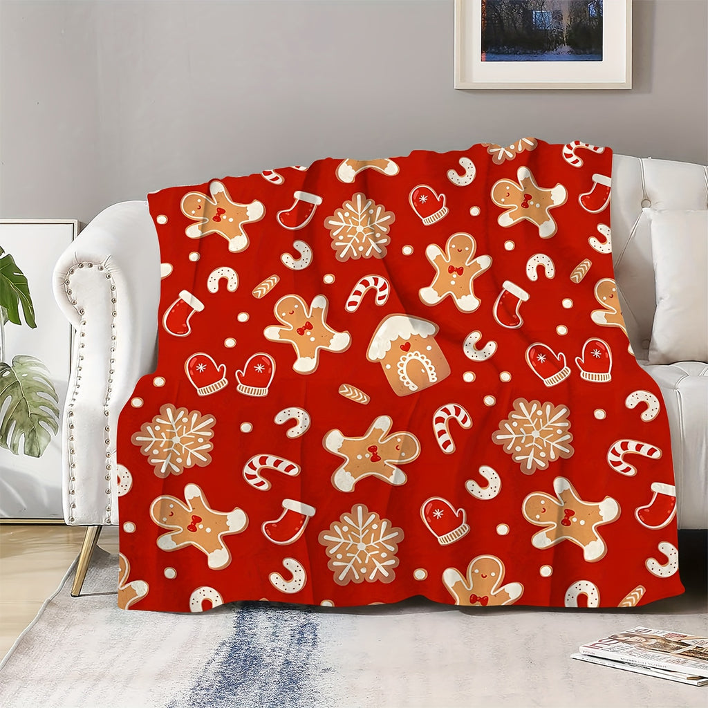 1pc Christmas Gingerbread Print Blanket, Festive Cozy Throw Blanket, Super Warm Soft and Comfortable Flannel Blanket, Multiple Sizes Available, Suitable for Living Room, Bedroom, Sofa, Bedside