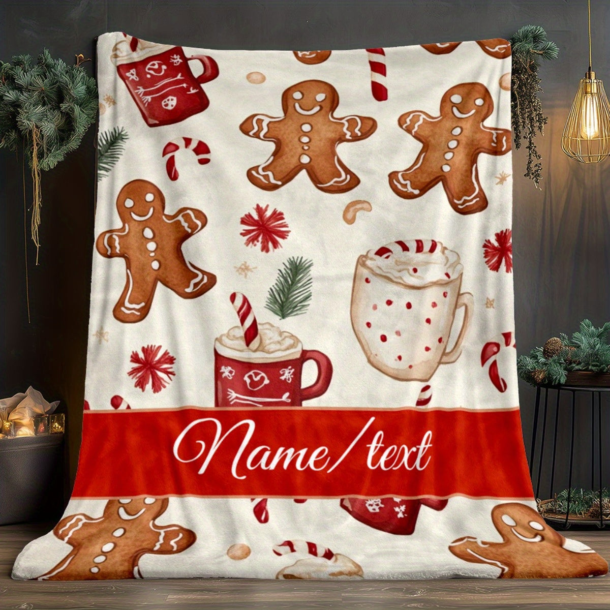 1pc Large Flannel Blanket in Red and White with a Christmas Gingerbread for Man and Hot Beverage Pattern, Available in Multiple Full-body Sizes. Features a Christmas Winter Decorative Design, Suitable for Home Naps, Bedroom Bedding, and Seasonal Home