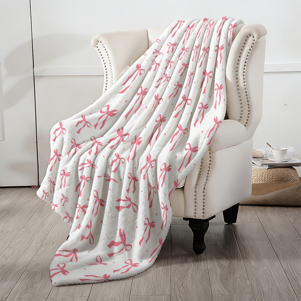 1pc, Flannel Pink Bow Soft And Comfortable Plush Blanket, Christmas Tree Winter Warm Fleece Blanket, Suitable for Sofa, Nap, Large Size Fluffy Comfortable Decorative Sofa Living Room Gift