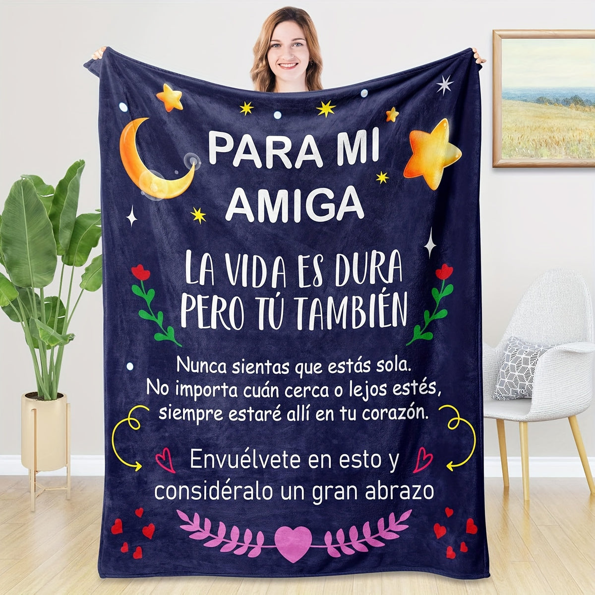 Flannel Blanket for Women Featuring a Starry Night Design with Stars And a Moon, Accompanied by Uplifting Spanish Quotes. This Soft Blue Blanket Is Perfect for Any Season And Makes a Great Gift for Christmas, Birthdays