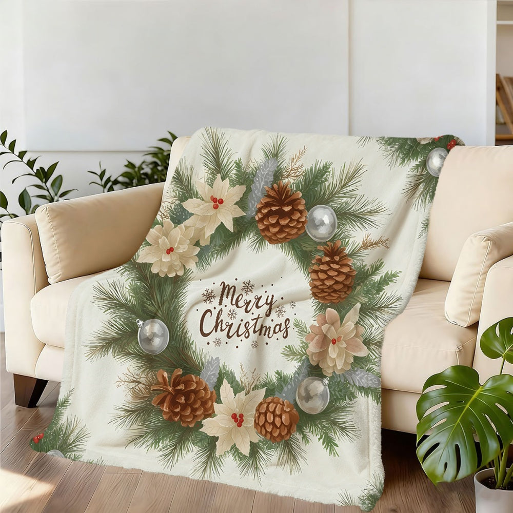 1 Christmas Wreath Patterned Blanket, Soft, Comfortable, and Warm, with a White and Green Design. A Four-season Universal Throw, a Warm Lap Blanket, Available in Multiple Sizes. Suitable for Living Room Sofas, Bedroom, Leisure Reading