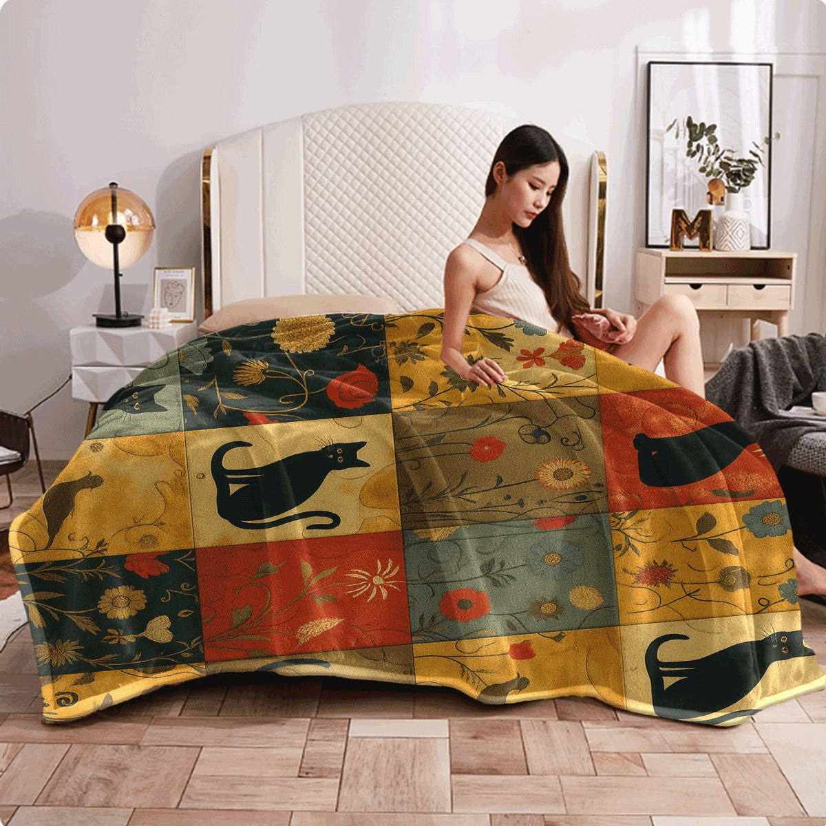 1pc Cat-Themed Patchwork Digital Print Fleece Blanket Made of 100% Fiber Suitable for All Seasons Lightweight And Warm Perfect for S Sofas And More Showcasing a Cute Style That Conveys a H