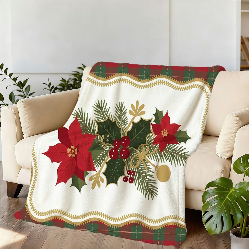 1pc Christmas Floral And Holly Leaf Theme Flannel Blanket, Soft Comfortable Warm, Red Green Golden Design, All-Season Blanket, Warm Cover, Multiple Sizes Available, Suitable for Living Room Sofa, Bedroom, Reading Corner, Leisure Time