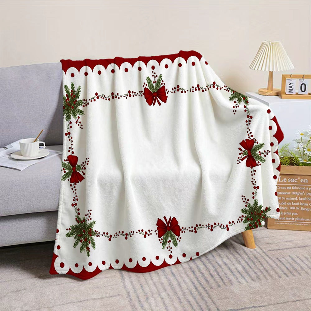 Christmas Red Green Wreath Bow White Flannel Blanket, Soft Comfortable Warm, Festive Design, All-Season Blanket, Warm Cover, Multiple Sizes Available, Suitable for Living Room Sofa, Bedroom, Reading Area, Rest Area, And Viewing Area