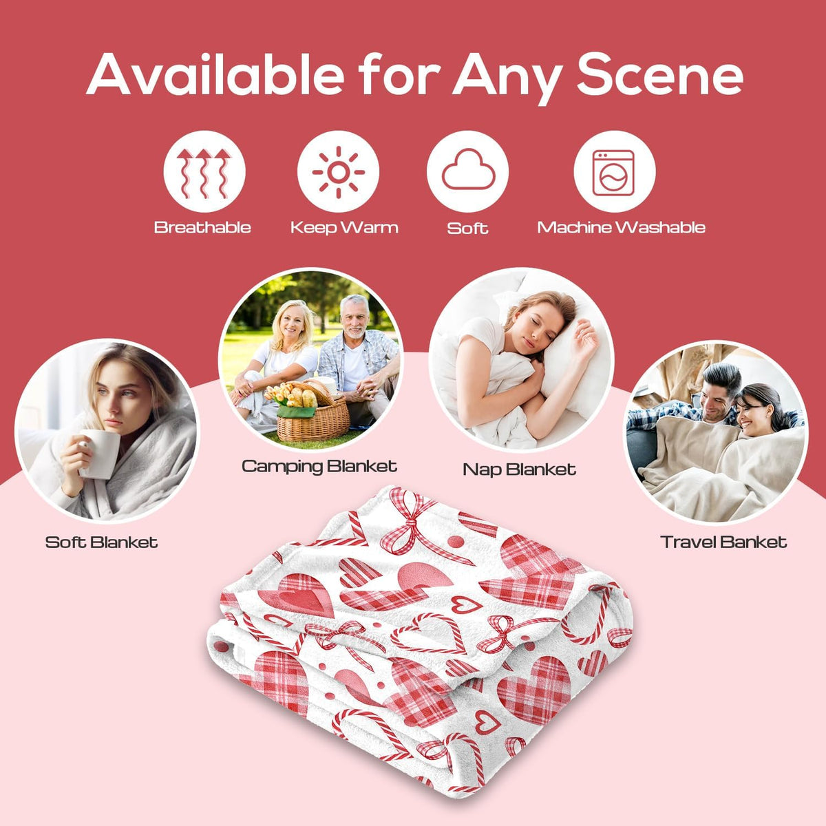 Valentines Day Throw Blanket Pink White Plaid Heart Bow Soft Cozy Flannel Blanket Romantic Valentine's Gift for Her Wife Mom Women Valentine Blankets for Couch Bed Sofa Decor, 50W X 15.85gal