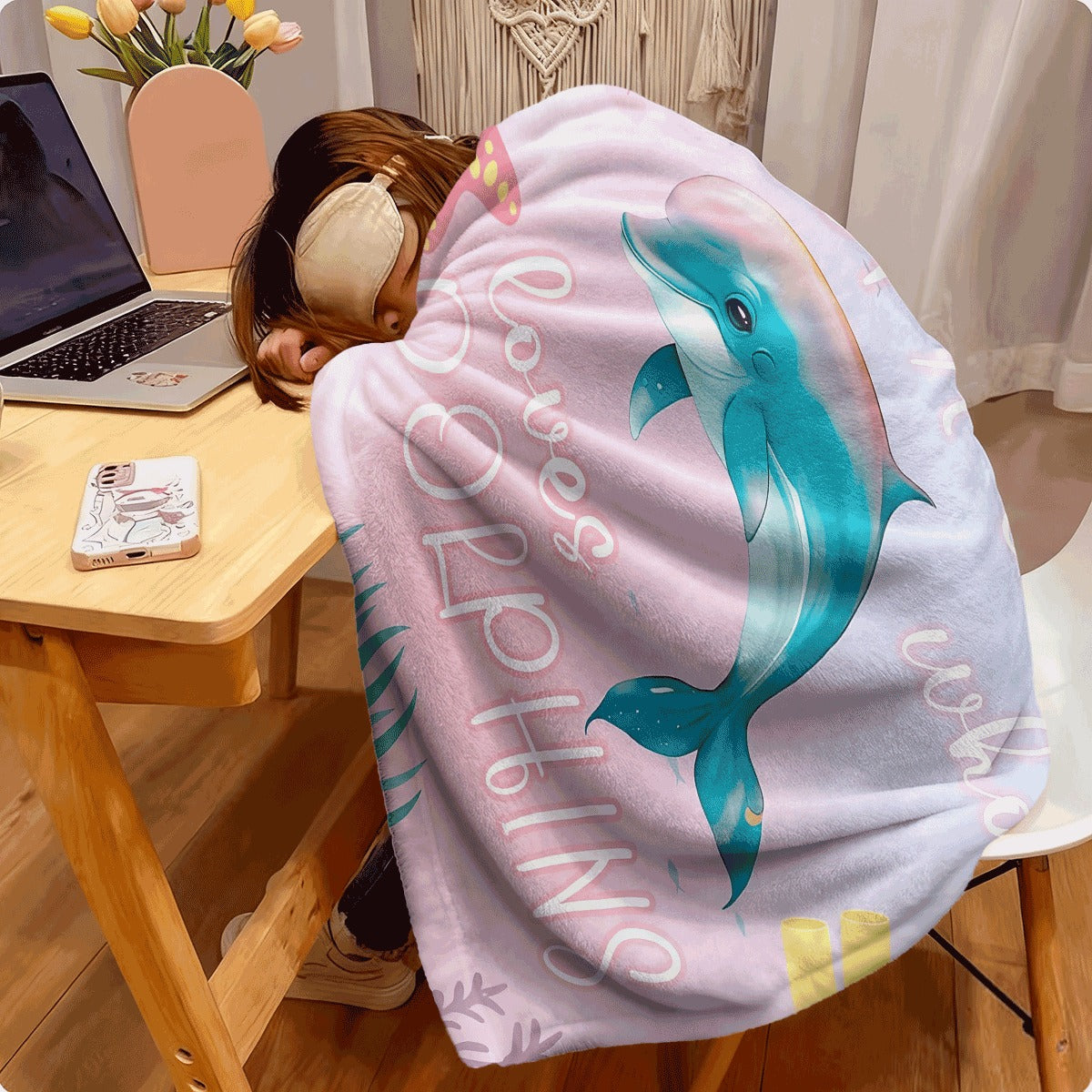 1pc Coastal Style Dolphin Love Themed Throw Blanket Soft Flannel Fleece, All-Season Cover, 100% Polyester, Animal Pattern Decorative Accent for Dolphin Enthusiasts