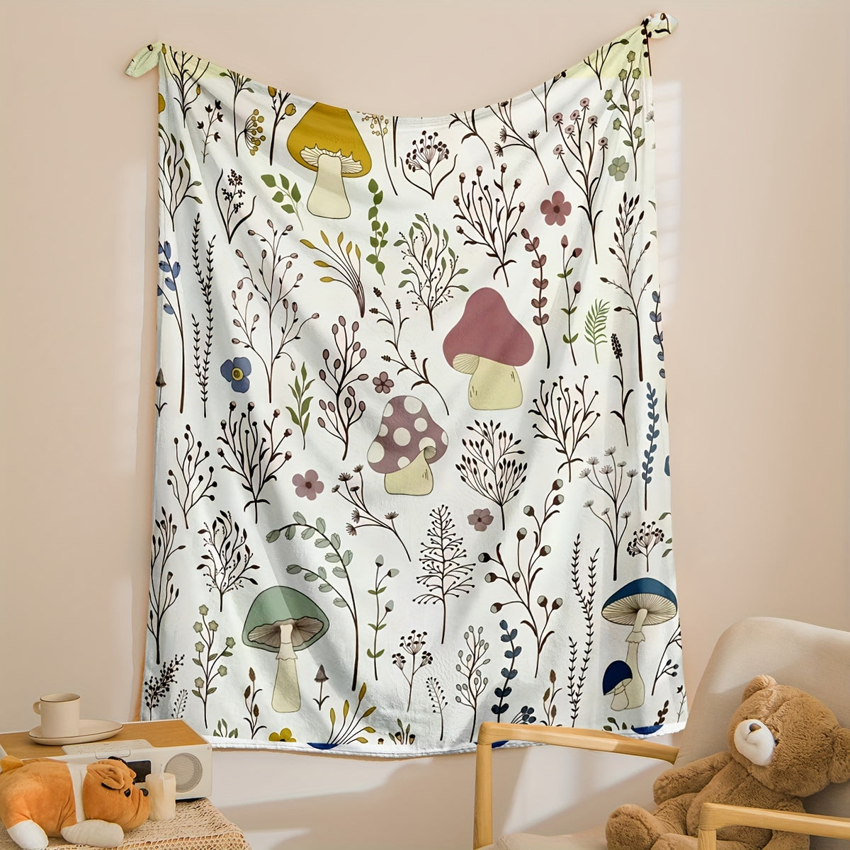Cozy Mushroom Pattern Flannel Throw Blanket- Soft, Warm& Lightweight for Couch,, Travel, and Office Use- Perfect Gift Idea
